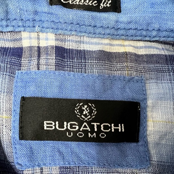 Bugatchi Uomo 100% Linen Shirt Mens Large Blue Plaid Classic Fit Button Up 899 - Picture 2 of 4